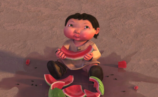 Bolita, de Ice Age, esta comiendo sandia.