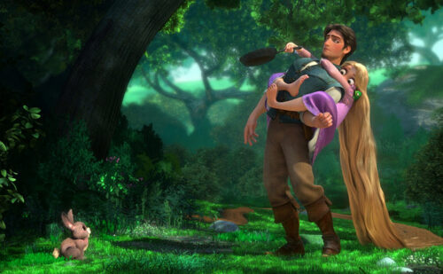 Rapunzel se asusta de un conejito.