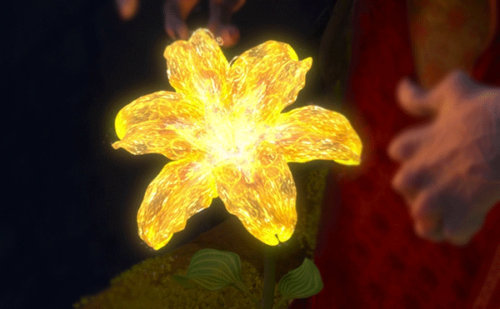 Flor dorada de Enredados, nacida de la gota de Sol
