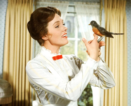 Mary Poppins canta con un pájaro, un petirrojo americano.