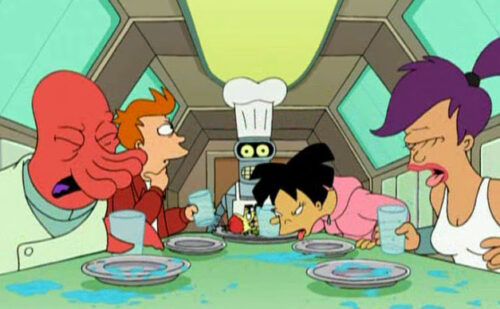 Bender les sirve sal aguada a la tripulación de Planet express