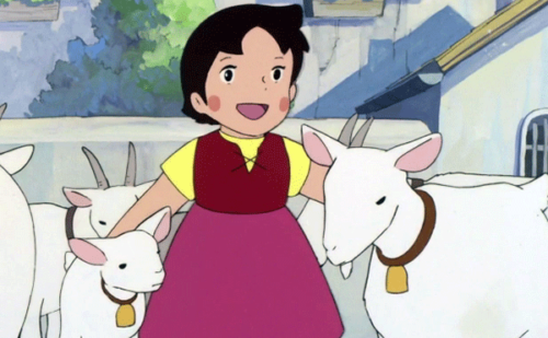 Heidi con las cabras Copito de nieve, madre e hija.