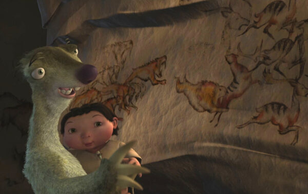 Sid y Bolita ven unas pinturas rupestres, que representan a unos tigre cazando antilopes.